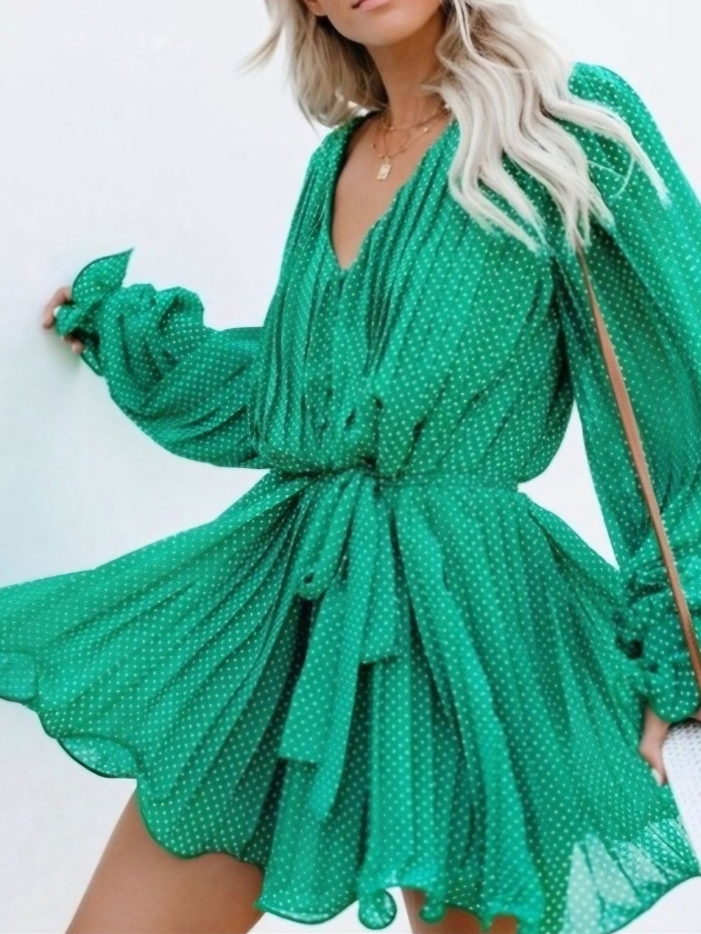 Endless Rose Emerald Green Polka Dot Long Sleeve Romper with Tie Waist